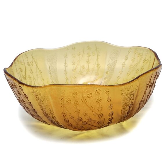 Vintage Pasabahce Amber Glass Salad Bowl Yellow Floral Scalloped Edge 90s Retro - Picture 6 of 9